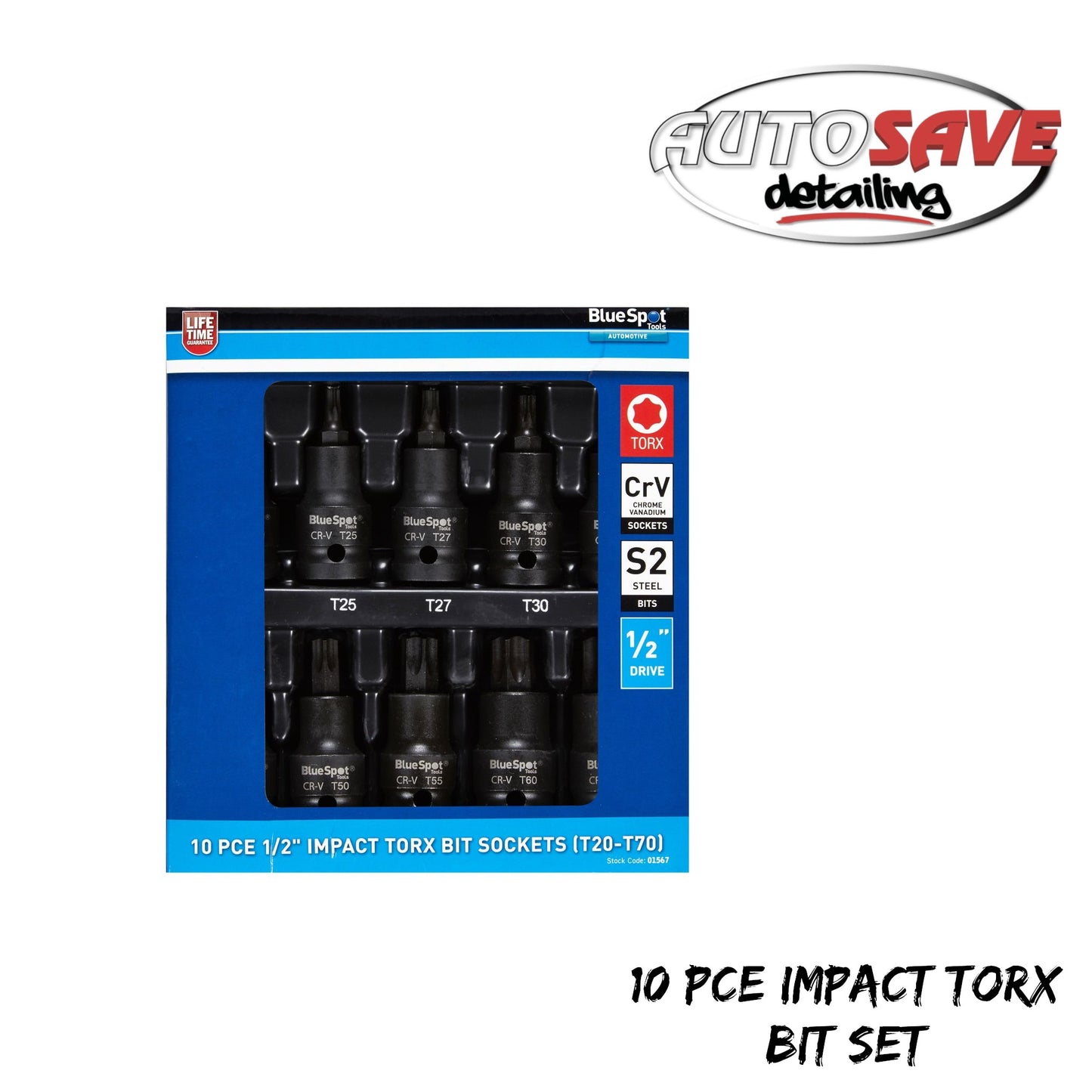 10 PCE 1/2" IMPACT TORX BIT SOCKETS (T20-T70)