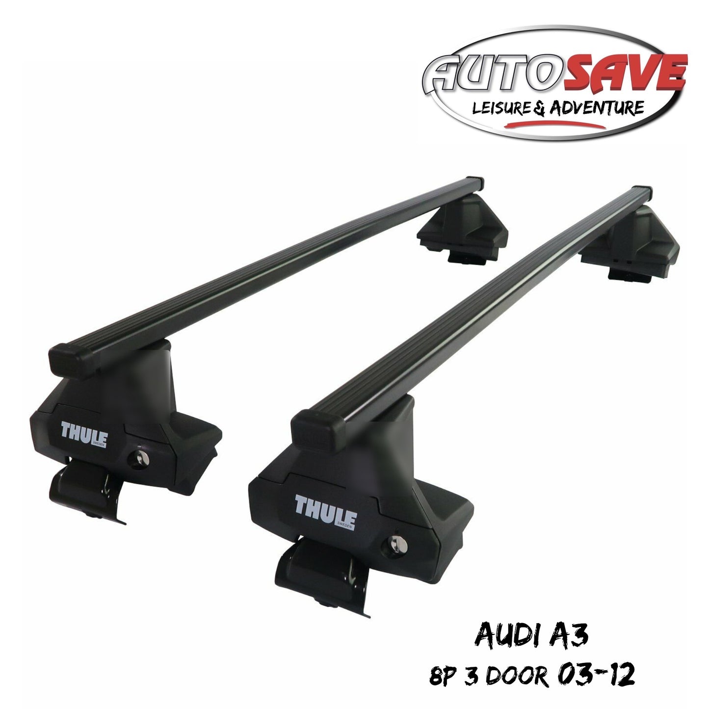 Thule Steel SquareBar Evo Roof Bars Set to fit Audi A3 8P 3 Door 03-12 Lockable