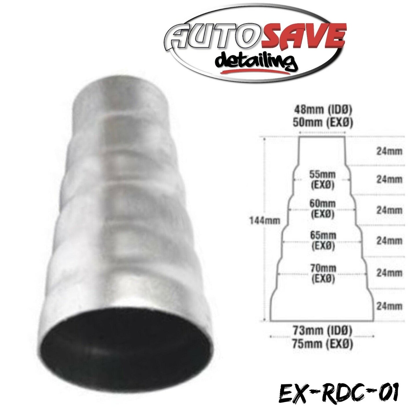 E-TECH Steel Exhaust Pipe reducer 48mm - 75mm 6 Step adapter performance system