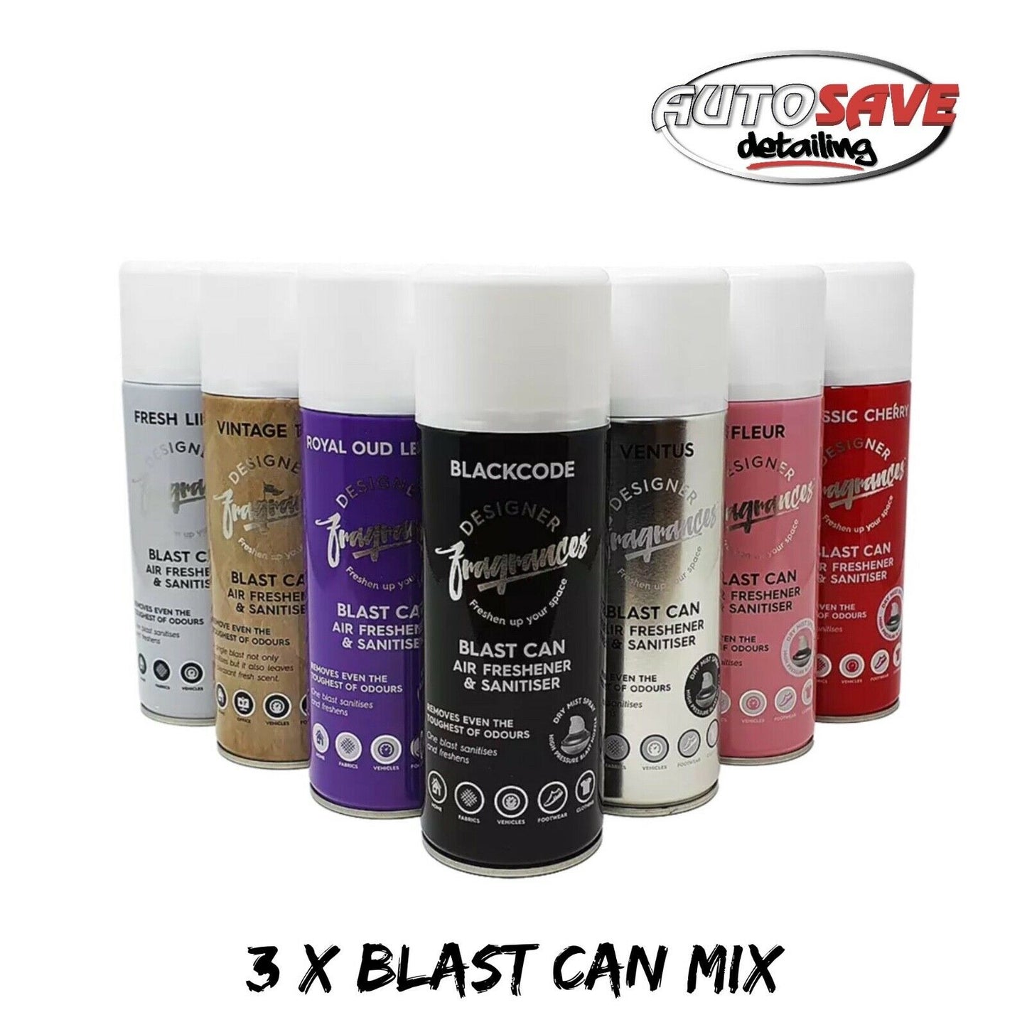 3 x Mixed Designer Fragrances Blast Spray Can Vehicle Car Home Air Freshener New