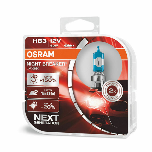 Osram HB3 Night Breaker Laser +150 Twin Pack Halogen Car Headlight Bulbs NEW